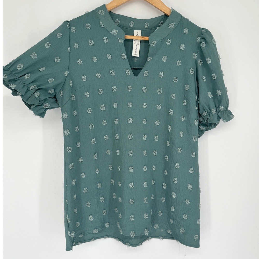 Swiss Dot Blouse Teal Puff Sleeve V Neck Top S Cottagecore Boho Office Romantic